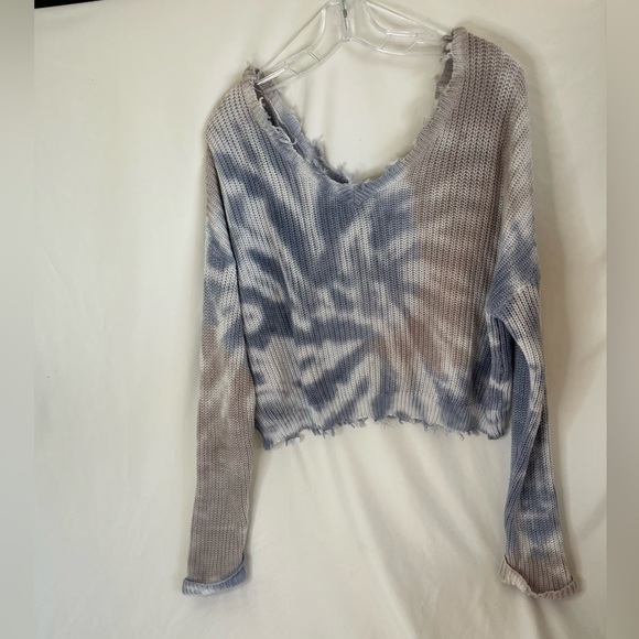 Jessica Simpson Women’s Sweater Tie Dye Waffle  Knit Crop Blue/brown/white Large - Picture 8 of 10